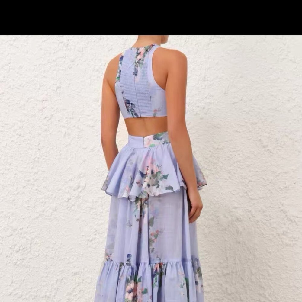 Zimmermann Blue Floral Cutout Maxi Dress Tie Waist Tiered Size 0 (US 2) - Picture 7 of 14